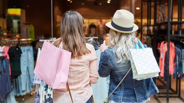 Image of Person, Shopping, Adult, Female, Woman, Child, Girl, Bag, Handbag, Pants, Hat,