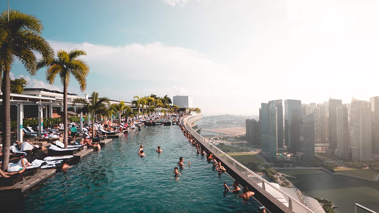 Image of Pool, Swimming Pool, Water, Outdoors, Person, Cityscape, Urban, Aerial View, 