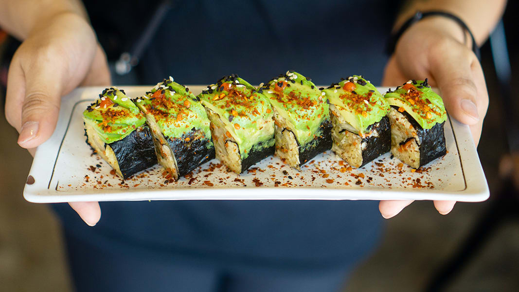 Image of Food, Meal, Dish, Grain, Produce, Rice, Sushi, Adult, Female, Person, Woman, Food Presentation, Sandwich, 