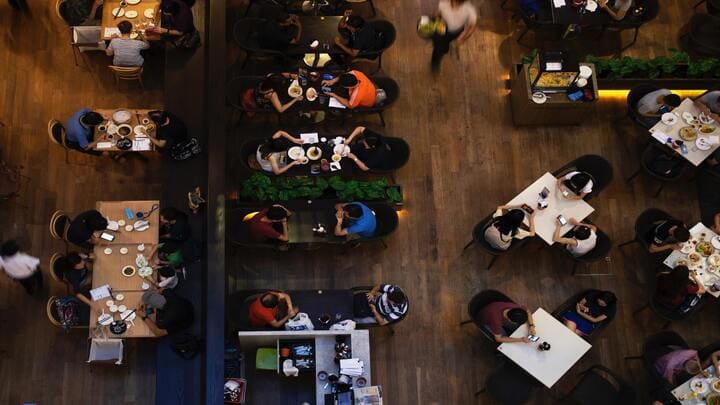 Image of Indoors, Restaurant, Cafeteria, Adult, Female, Person, Woman, Food, Food Court, Cafe, Furniture, 