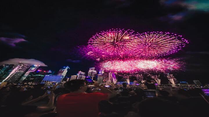 Image of Urban, Cityscape, Fireworks, Adult, Male, Man, Person, City, 