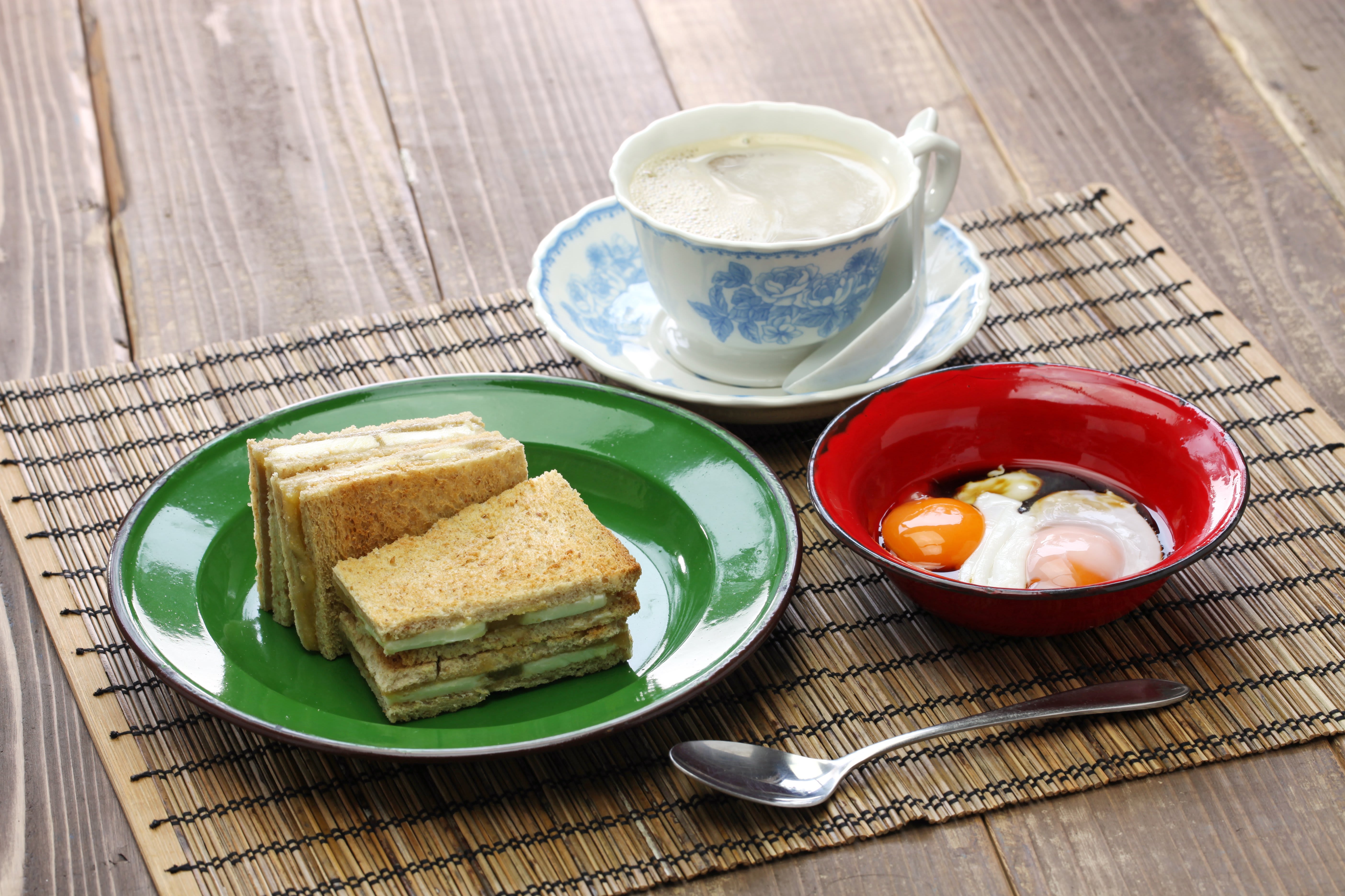 Image of Cup, Brunch, Food, Breakfast, Cutlery, Spoon, Sandwich, Plate, 