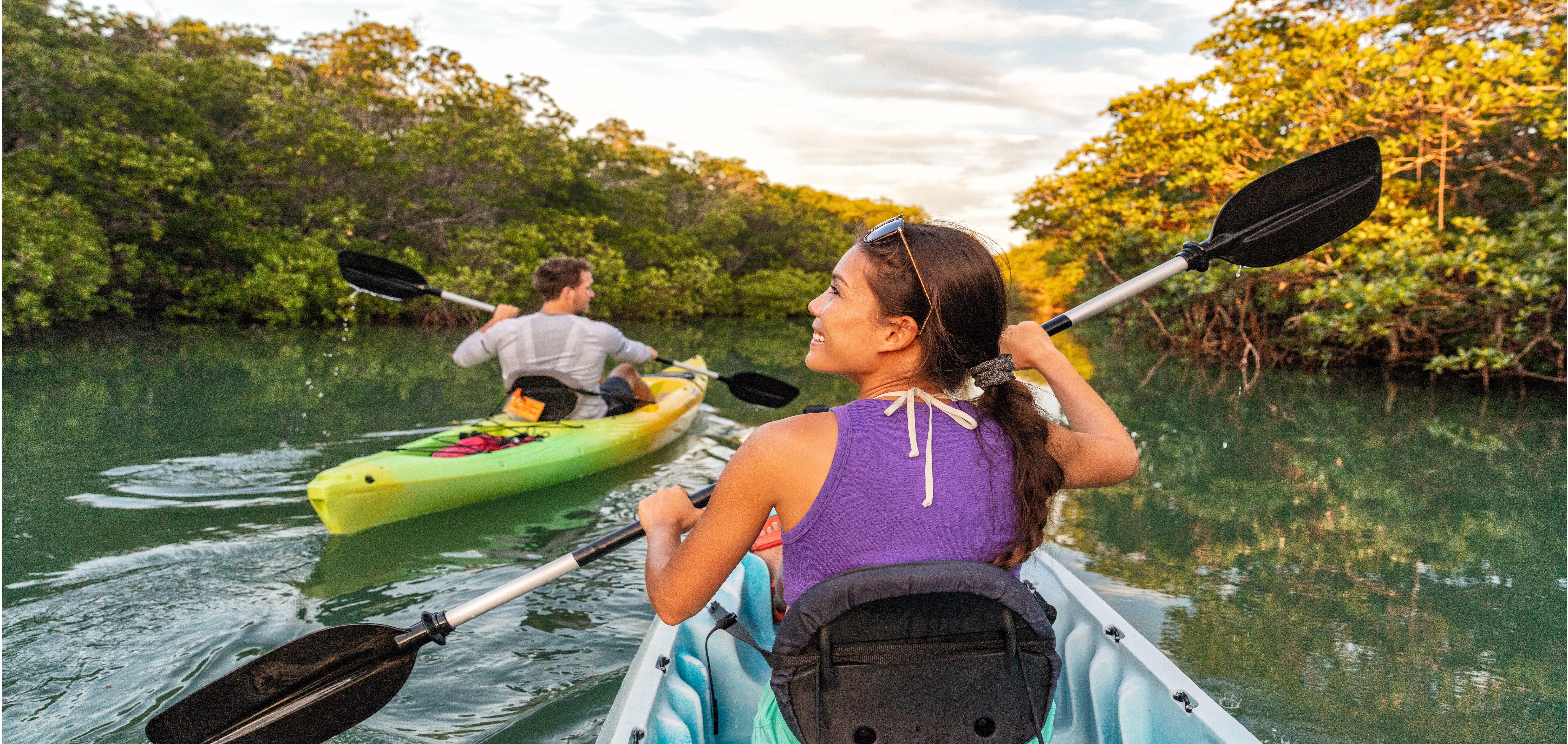 Image of Water, Boat, Canoe, Kayak, Rowboat, Vehicle, Adult, Female, Person, Woman, Kayaking, Water Sports, Handbag, Male, Man, 