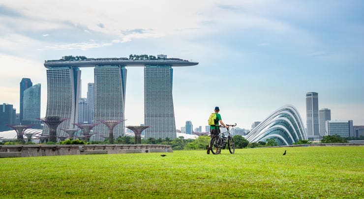 Image of City, Cityscape, Urban, Grass, Person, Bicycle, Vehicle, Cycling, 