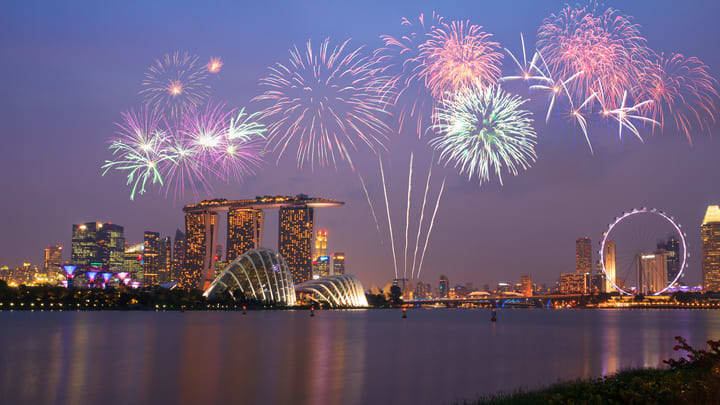 Image of Nature, Outdoors, Scenery, Landscape, City, Fireworks, Cityscape, Urban, Panoramic, Water, Waterfront, 