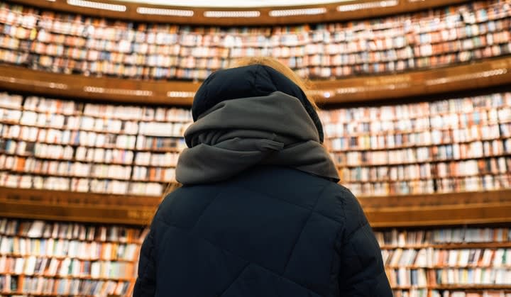 Image of Book, Indoors, Library, Publication, Hood, Coat, Adult, Female, Person, Woman, Shop, 