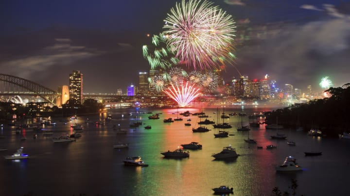 Image of Water, Waterfront, City, Metropolis, Urban, Fireworks, Boat, Vehicle, Cityscape, 