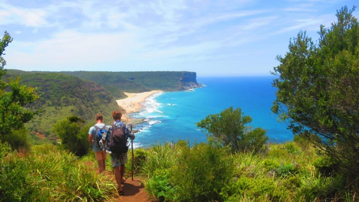 Image of Adventure, Hiking, Nature, Outdoors, Person, Wilderness, Landscape, Vegetation, Sea, Water, Scenery, Land, Path, Bag, Beach, Coast, Shoreline, Tree, Rainforest, Summer, Rock, Walking, Grass, Backpack, Cliff, Promontory, Trail, Woodland, 