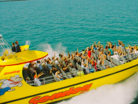 Boat cruising through water in chicago