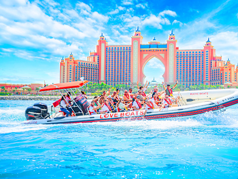 Love Boats speedboat tour on the water in Dubai.