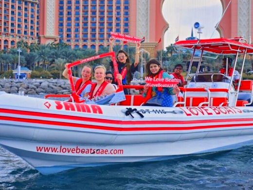 Love Boats speedboat tour pausing for photos in front of Atlantis The Palm, Dubai.