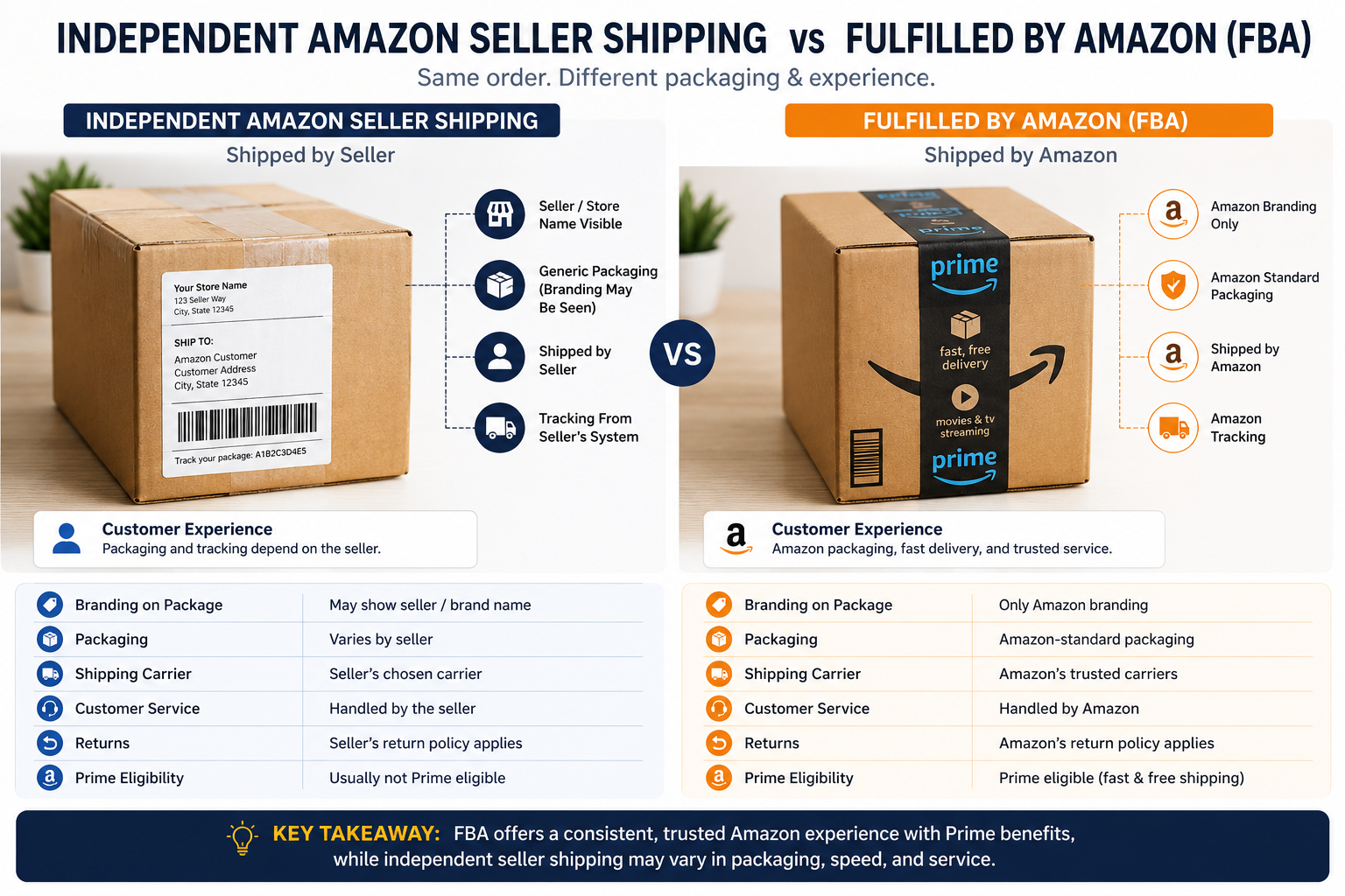 A comparison graphic illustrating the difference between independent Amazon Seller shipping and Fulfilled by Amazon packaging.