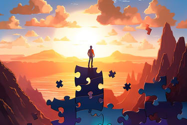 An illustration of a person standing in front of a giant API puzzle, with each piece coming to life and fitting together seamlessly, in the style of an action-packed adventure movie poster, viewed from a dynamic perspective --v 5 --ar 3:2