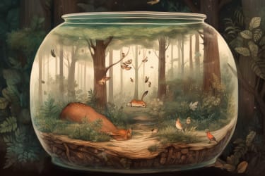 An illustration of a dense forest being condensed into a small glass jar, with miniature trees and wildlife inside, viewed from a side perspective, in the style of a whimsical painting --v 5 --ar 3:2