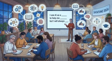Thoughtful illustrated scene of a workshop room with a speaker at the front and attendees sitting at tables reflecting and writing in notebooks. Instead of slides full of code, the screen shows a simple prompt: “I use AI as a ___ to help me ___ but I will always ___.” Around the room, abstract thought bubbles form from the participants containing small icons like gears, neural networks, books, and lightbulbs. Soft lighting, cozy community vibe, modern editorial illustration style with gentle textures and warm colors.