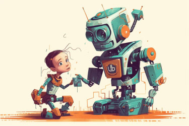 an illustration of a robot playing with a toy human --v 5 --s 777 --ar 3:2