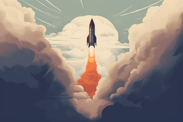 An illustration of a person riding a rocket with a promotional banner trailing behind, soaring through the clouds and leaving a trail of fire, in the style of a thrilling action movie poster, viewed from a dramatic angle perspective --v 5 --ar 3:2