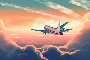 An illustration of an airplane soaring through the clouds with a beautiful sunset in the background, in the style of a classic airline advertisement, viewed from a top-down perspective --v 5 --ar 3:2