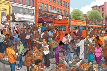 A vibrant digital art piece depicting a community coming together to give back, with volunteers of all ages and backgrounds working together to support those in need. The scene is set in a bustling city, with people handing out food and supplies to those who are less fortunate. The composition is rich in detail, showcasing the diversity and unity of the volunteers, as well as the recipients of their kindness. The color palette is warm and inviting, and the lighting is soft and diffused, evoking a sense of hope and compassion. The viewer is immersed in the scene, with eye-level perspective drawing them into the heart of the action. This artwork serves as a powerful reminder of the importance of giving back and the positive impact it can have on our communities --v 5 --ar 3:2