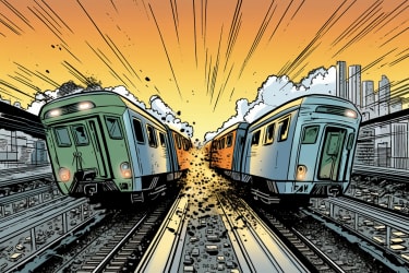 An illustration of two trains heading towards a crash, with a city skyline in the background, in the style of a comic book, viewed from a dynamic perspective --v 5 --ar 3:2