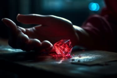 a person holiding a magical ruby, fantasy, cinematic lighting, --s 777 --v 5 --ar 3:2