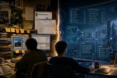 A symbolic split-scene illustration showing the evolution of creative work. On the left: a designer/developer in the early 2000s deeply focused on mastering a single tool. Photoshop palettes, Dreamweaver windows, FTP apps, and thick manuals surround them in a cluttered office. On the right: the same person years later in a clean futuristic workspace orchestrating multiple AI agents through lightweight prompts and skill files. Instead of mastering one application, glowing “recipes” and workflow diagrams float between AI systems. The transition visually represents moving from software expertise to orchestration expertise. Detailed cinematic composition, realistic textures, thoughtful and slightly philosophical tone