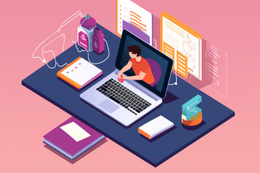 An illustration of a student completing a nanodegree program, with a laptop and coding books on a desk, in the style of a vector graphic design, viewed from a top-down perspective --v 5 --ar 3:2