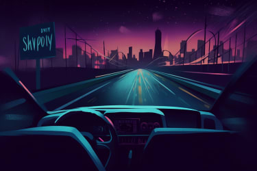 An illustration of a person driving through the night on a deserted highway with Portland in the background, with a graffiti-style font overlay reading 'No Sleep Till Brooklyn', in the style of a digital art, viewed from a front perspective --v 5 --ar 3:2