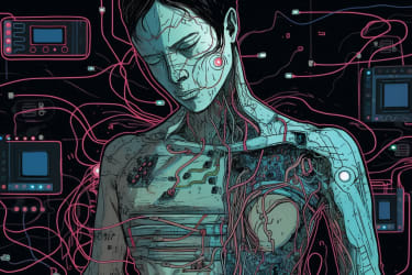 An illustration of a person integrating electronic parts into their body, with circuit boards and wires visible beneath their skin, in the style of a cyberpunk graphic novel, viewed from a side perspective --v 5 --ar 3:2