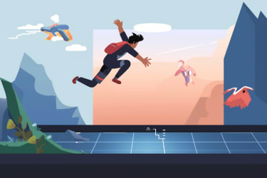 An illustration of a designer creating an animation with Photoshop's timeline, featuring a cartoon character running and jumping over obstacles, in the style of a playful video game cutscene, viewed from a side-scrolling perspective --v 5 --ar 3:2