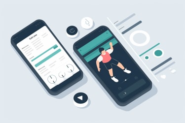 An illustration of a mobile fitness app, displaying a user completing a workout routine, with a gym in the background, in the style of a minimalist design, viewed from a top-down perspective --v 5 --ar 3:2