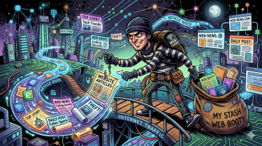 Playful illustration of a thief, stealing articles from the web and stashing them, landscape orientation