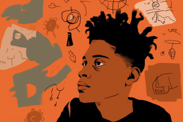 An illustration of a person lost in thought, with thought bubbles and symbols representing ideas surrounding them, in the style of Basquiat, viewed from a close-up perspective --v 5 --ar 3:2