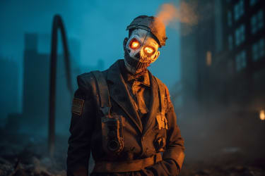 A photograph of a steampunk zombie in a post-apocalyptic city, with ruined buildings and smoke in the background, during the night with a mix of blue and orange lighting and shot with a close-up lens using the Nikon AF-S Nikkor 105mm f/2.8G IF-ED VR II --v 5 --ar 3:2