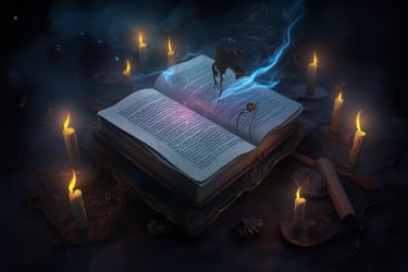 An illustration of a mysterious book of spells with a glowing, arcane symbol on the cover, surrounded by flickering candles and an ominous mist, in the style of dark fantasy art, photorealistic, viewed from a top-down perspective --v 5 --ar 3:2