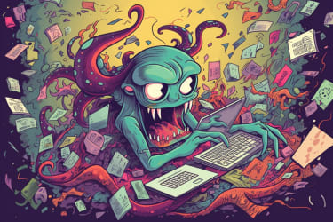 An illustration of a monstrous creature with multiple tentacles reaching out to grab dozens of email icons, which are scattered throughout a chaotic, cluttered background. The creature's many eyes are fixed hungrily on the colorful icons, and its sharp teeth are bared in a menacing grin. The style is highly detailed and somewhat dark, with rich shadows and bright highlights creating a sense of depth and dimensionality. The perspective is slightly overhead, with the viewer looking down on the scene from a vantage point just above the creature's many limbs --v 5 --ar 3:2