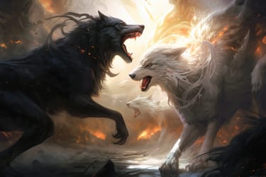 an epic battle between a white wolf and a black wolf, with glorious lighting in the style of Ignasi Monreal artwork --v 5 --ar 3:2