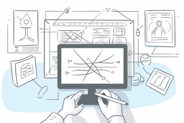 An illustration of an outline of a web project, with a person sketching the wireframe on a whiteboard, in the style of a technical drawing, viewed from a top-down perspective, with a computer and a notebook in the background. --v 5 --ar 3:2