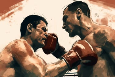 An illustration of a boxer being punched in the face by another boxer, with the boxing ring in the background, in the style of an oil painting, viewed from an overhead perspective --v 5 --ar 3:2