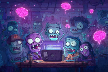 a playful illustrated scene of cartoon zombies learning to code in a browser window, Code School adventure-game style, bright colors, hand-drawn textures, goofy expressions, surrounded by floating AI brains glowing with neon light, whimsical chaos and friendly energy --ar 3:2