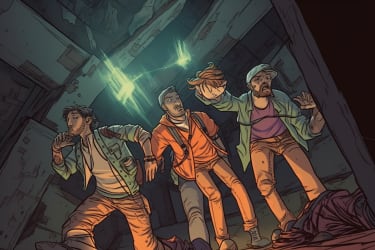 An illustration of a group of friends starting trouble by sneaking into an abandoned building, equipped with flashlights and climbing gear, in the style of a suspenseful adventure story, viewed from a low-angle perspective --v 5 --ar 3:2