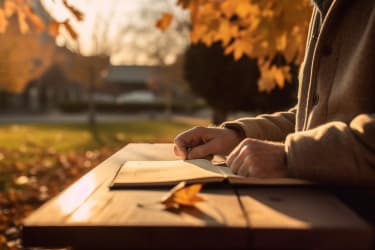 A photograph of a person turning a page in a book while sitting on a park bench, with a beautiful autumn foliage in the background, during late afternoon with soft, warm lighting and shot with a portrait lens using the Sony FE 85mm f/1.4 GM --v 5 --ar 3:2