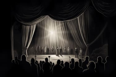  An illustration of a dramatic stage performance with a curtain closing, with a lone spotlight shining on the performers and a 'The End' sign displayed in the background, in the style of a dark and moody charcoal drawing, viewed from a side perspective --v 5 --ar 3:2