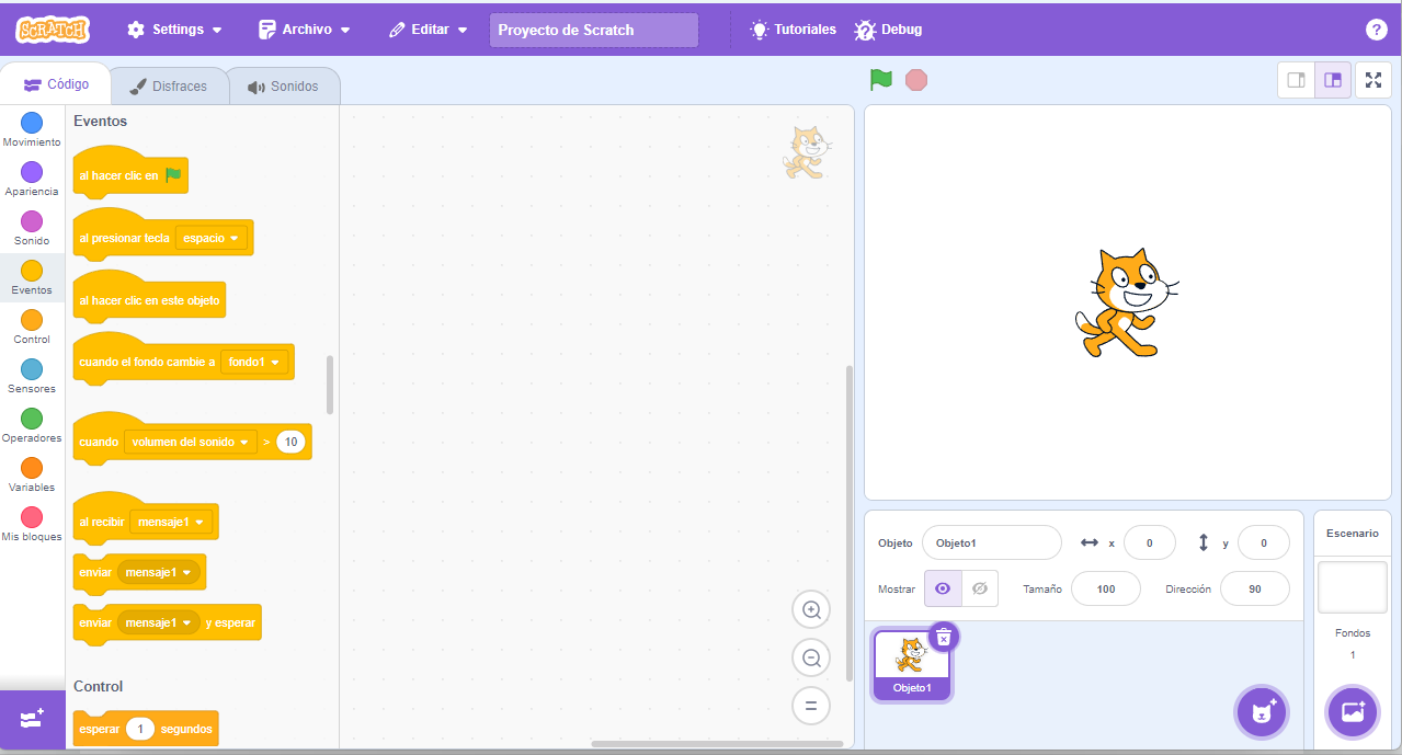 Interfaz completa de Scratch
