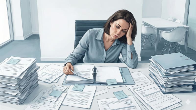 Documents administratifs empilés sur un bureau