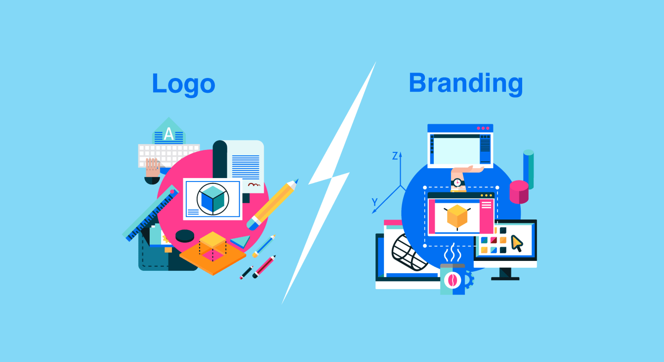 Side-by-side comparison of a logo and the wider brand identity system around it