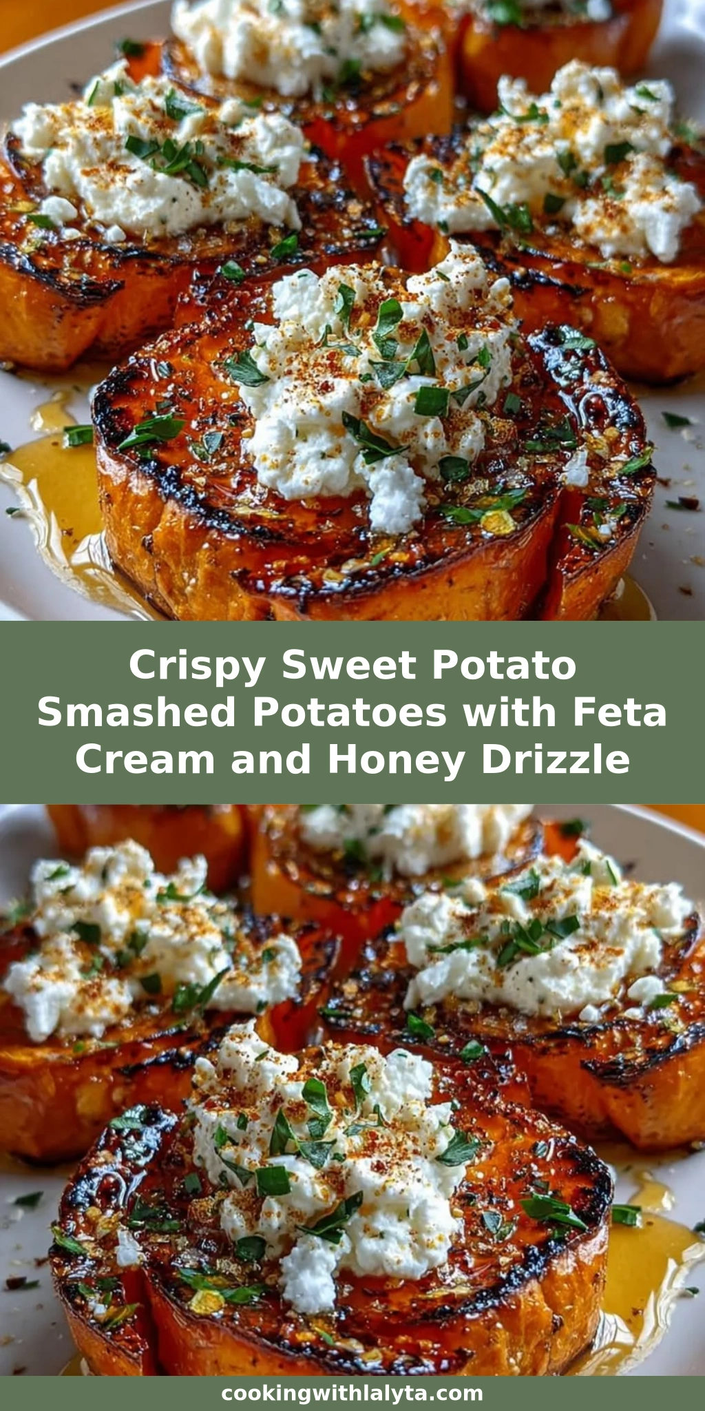 Crispy Sweet Potato Smashed Potatoes with Feta Cream and Honey Drizzle
