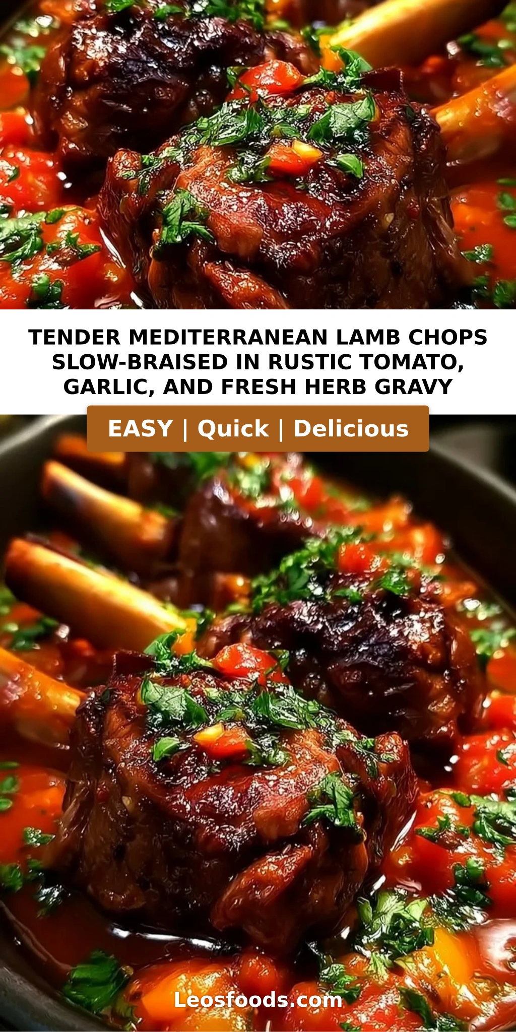 Tender Mediterranean Lamb Chops Slow-Braised in Rustic Tomato, Garlic, and Fresh Herb Gravy