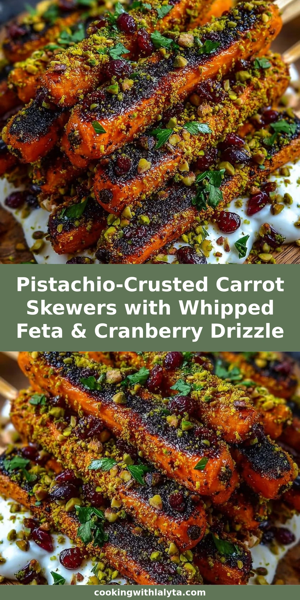 Pistachio-Crusted Carrot Skewers with Whipped Feta & Cranberry Drizzle