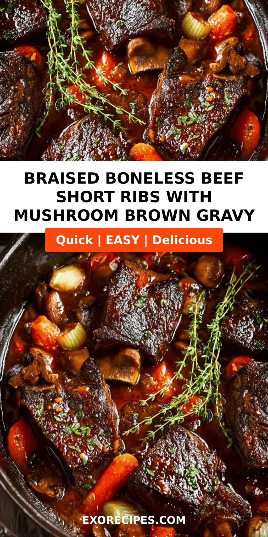 Braised Boneless Beef Short Ribs with Mushroom Brown Gravy